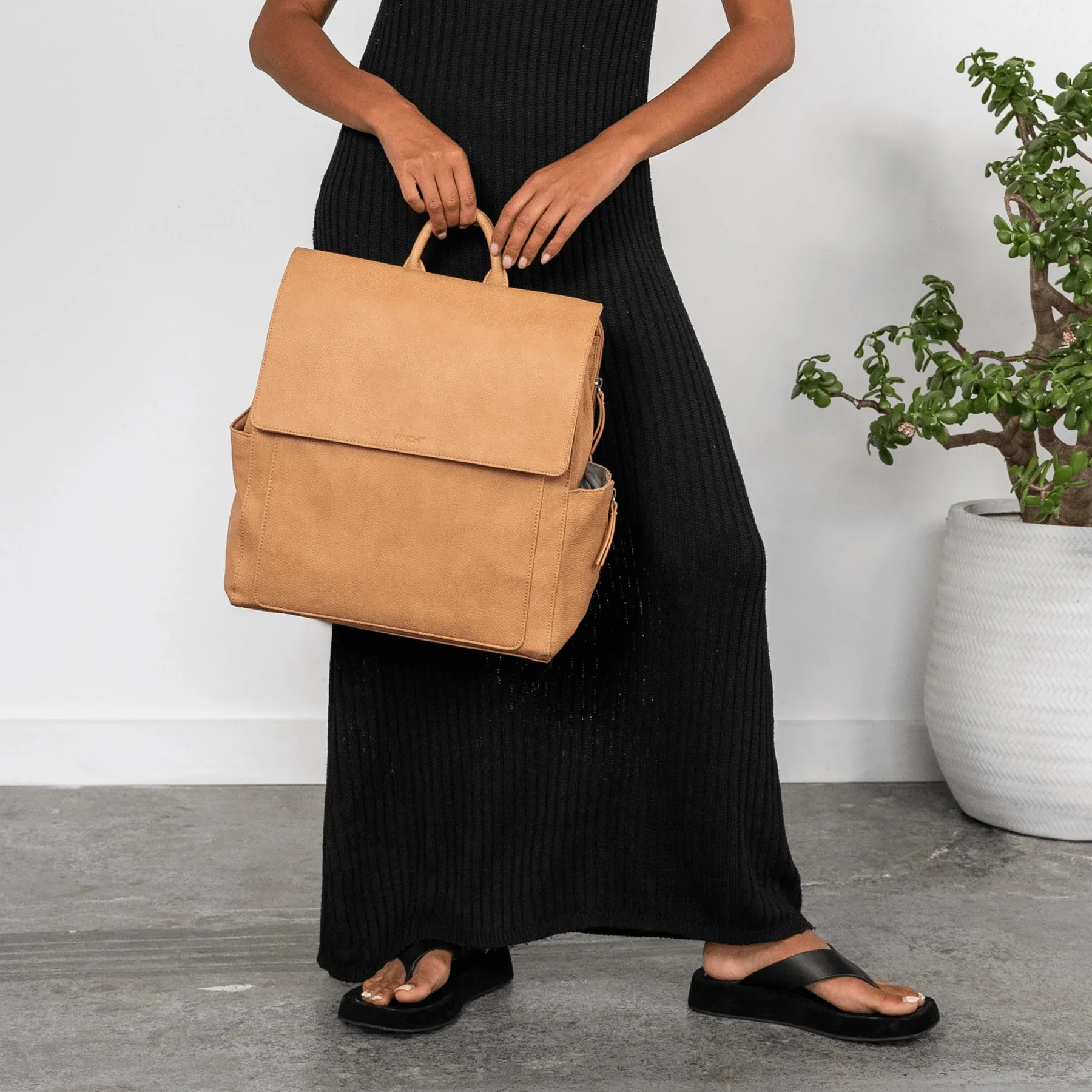 Vanchi Vegan Leather Emmy Backpack Nappy Bag - Camel