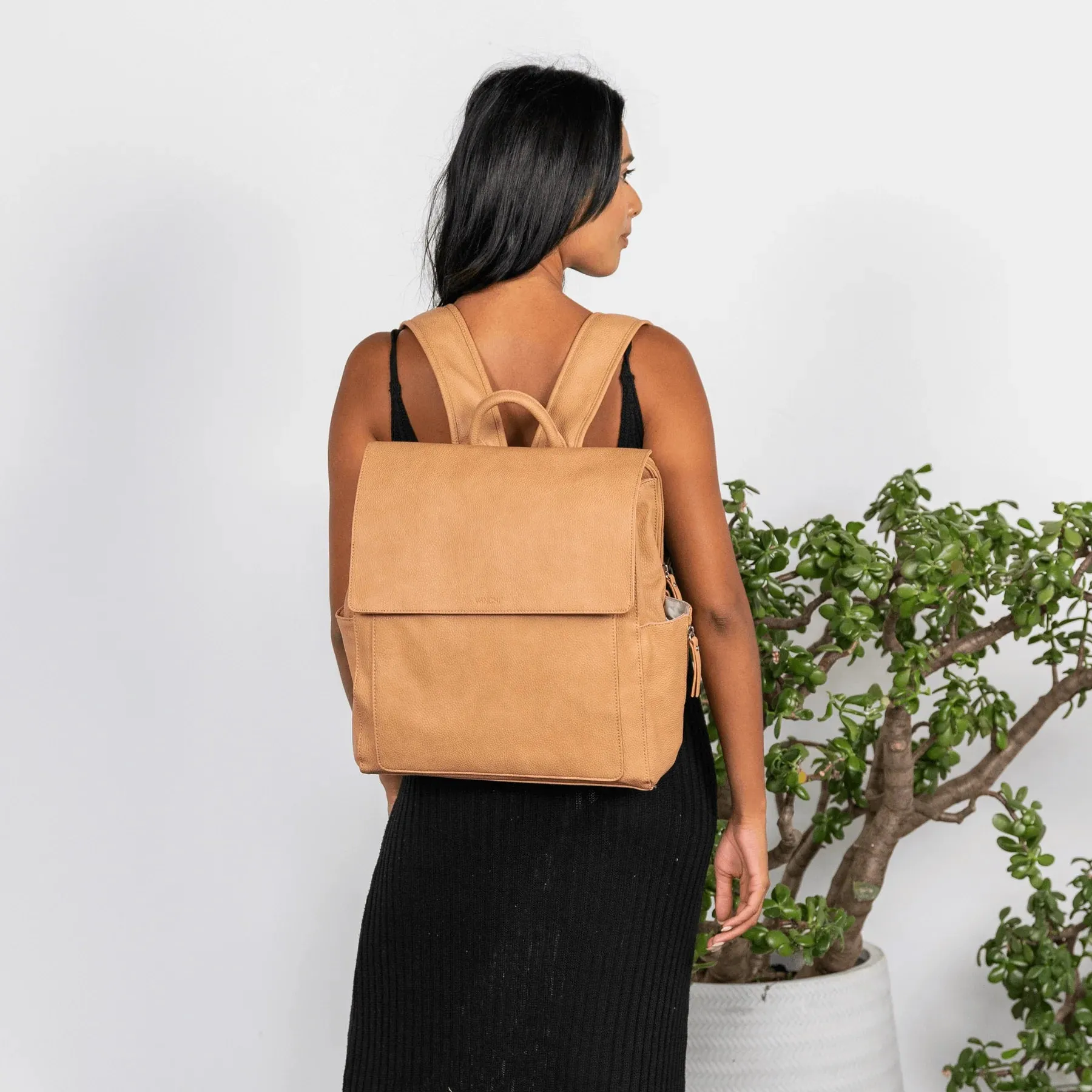 Vanchi Vegan Leather Emmy Backpack Nappy Bag - Camel