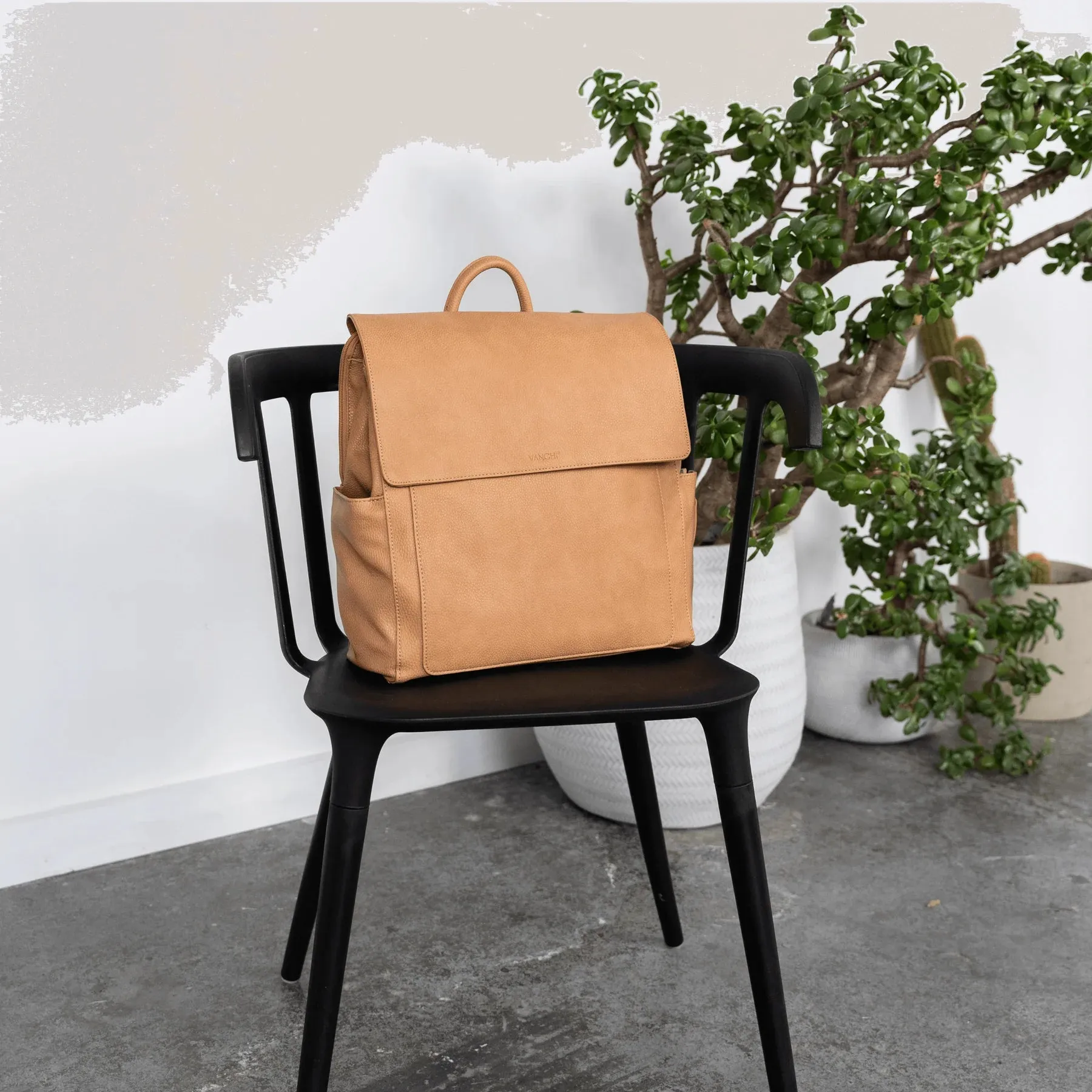 Vanchi Vegan Leather Emmy Backpack Nappy Bag - Camel