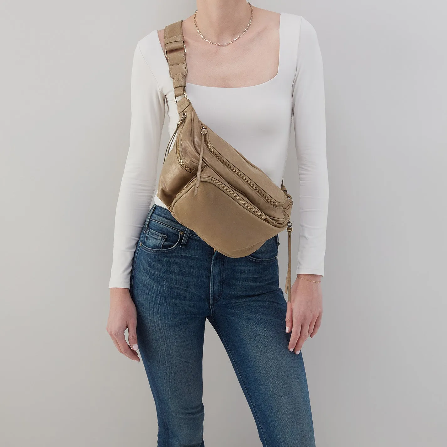 Via Belt Bag Sling In Metallic Leather - Burnished Sage