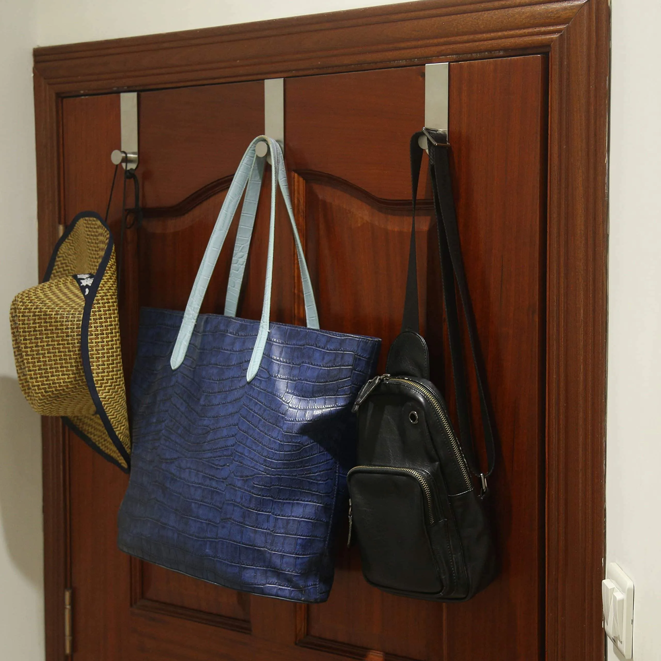 WEBI Over-The-Door Hooks Modern, Heavy Duty, Rust-Resist, Single Door Rack Hanger, Individual Coat Hook for Clothes, Towel, Hat, Scarf, Purse, MHYG-4, (4 Packs, Stainless Steel, Satin)